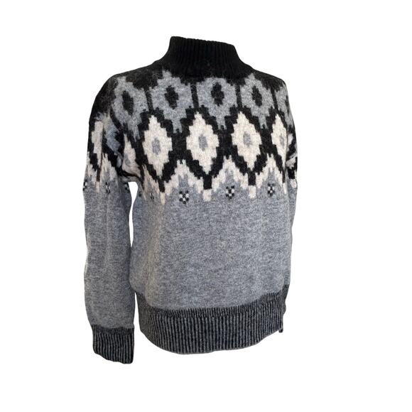 MONROW Mock Neck Fair Isle Pullover Sweater Black White Gray Wool Alpaca Blend S - Picture 3 of 11